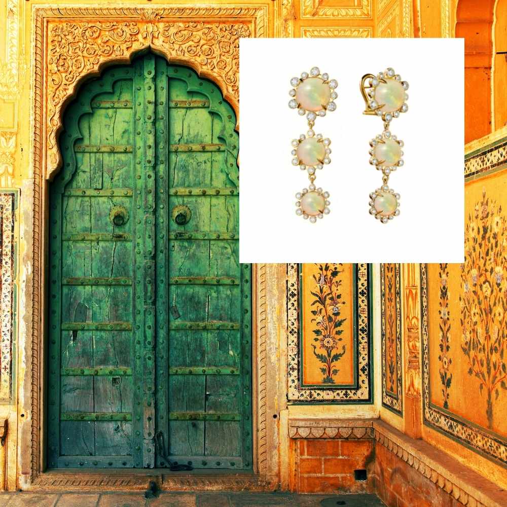 antique green palace door and mural