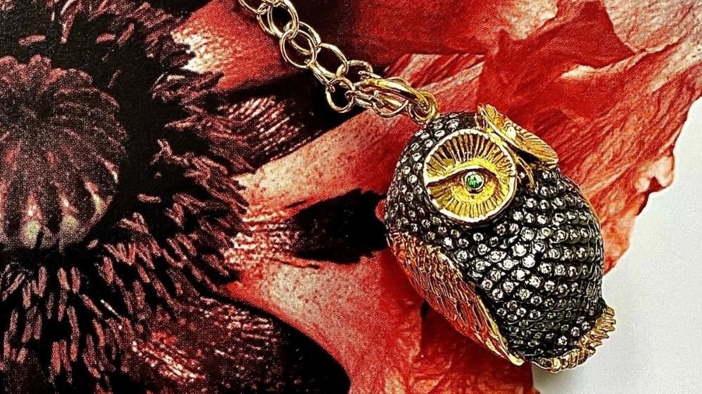 Jardin Owl Necklace - oxidized silver carved owl necklace with gold accents and tsavorite eyes