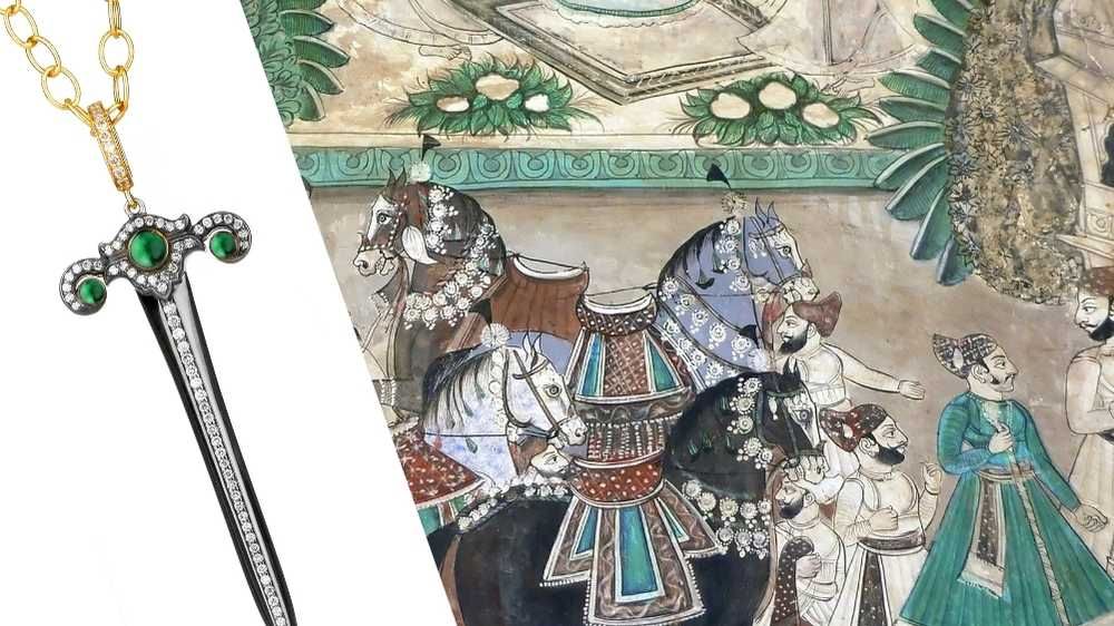 painting of decorated horses and an elephant with man with sword