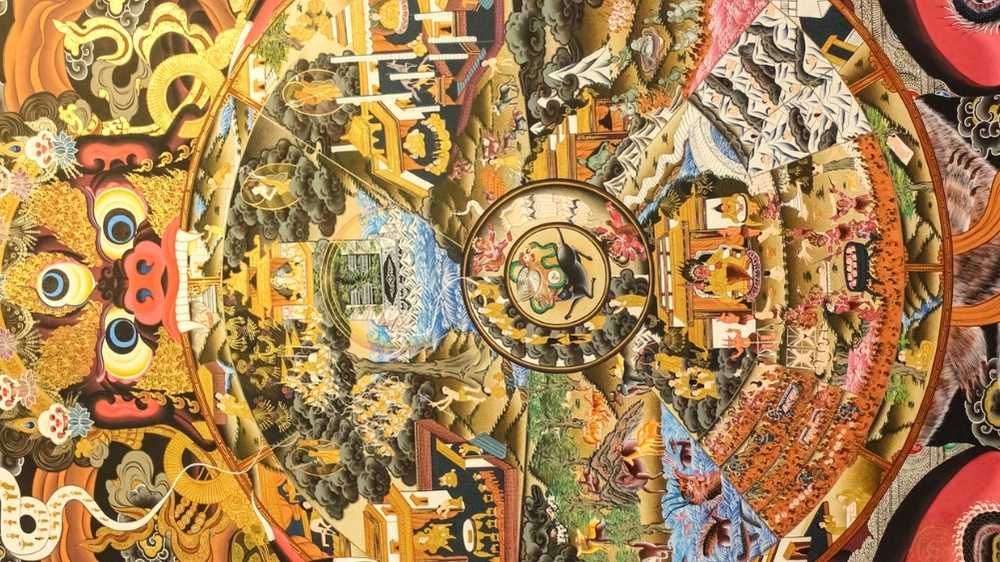 colorful hand painted Buddhist painting depicting karma and the the wheel of life