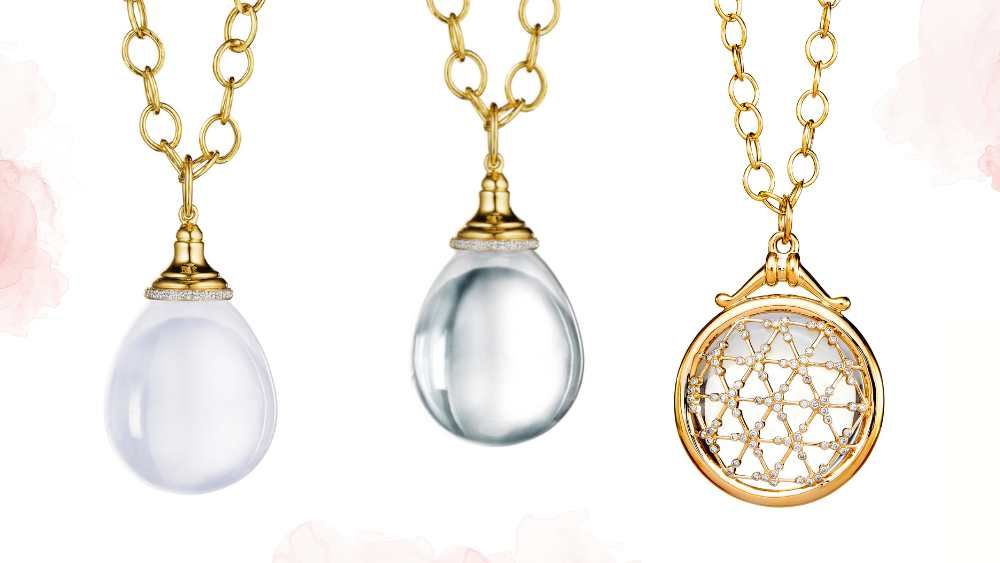 collection of pendants from syna featuring moon quartz, rock crystal and diamonds