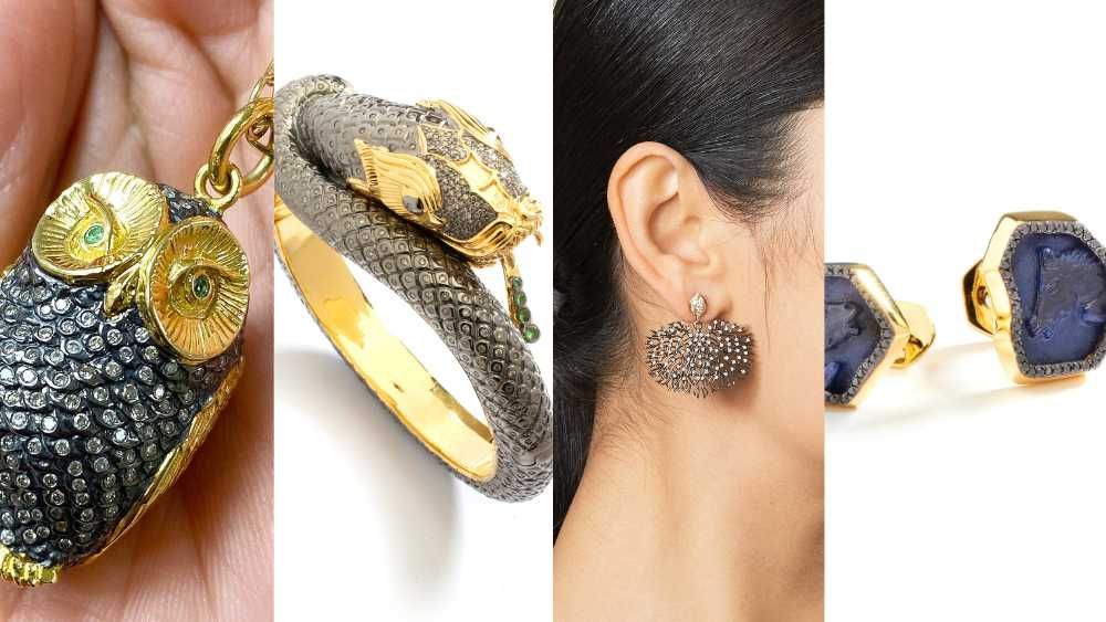 image showing the four awards won by syna, the owl, the dragon snake bracelet, the coral reef earrings and the blue sapphire horse cufflinks