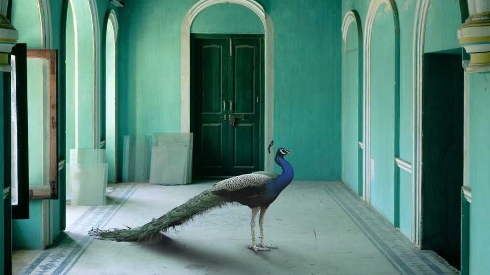 peacock wandering in an old mughal palace room