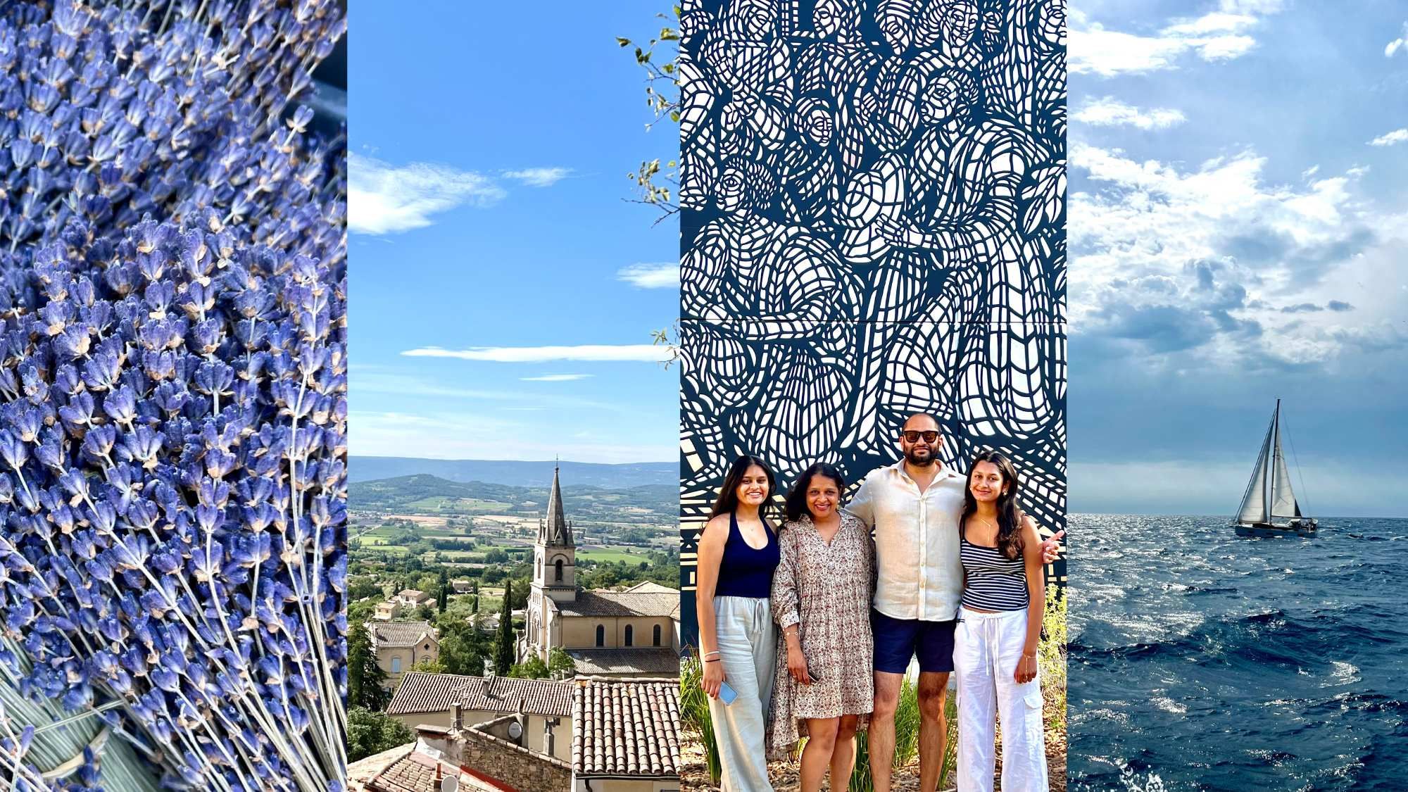 glimpses of our vacation in france, showing lavender, a view from provence, our family picture in antibes and a yatch in the sea while reach St. Tropez