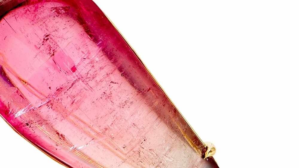 Cross section of a watermelon tourmaline depicting the pink shades of tourmaline